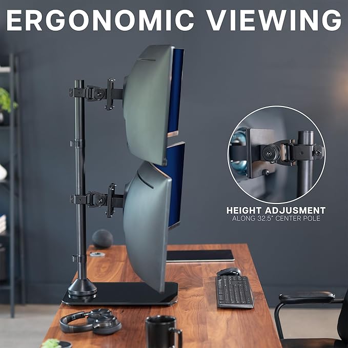 VIVO Dual Vertically Stacked Ultra-Wide Monitor Desk Stand with Glass Base, Extra Tall Adjustable Mount for 2 Ultrawide Screens up to 49 inches, 44 lbs Per Screen Capacity, Black, STAND-V202LG