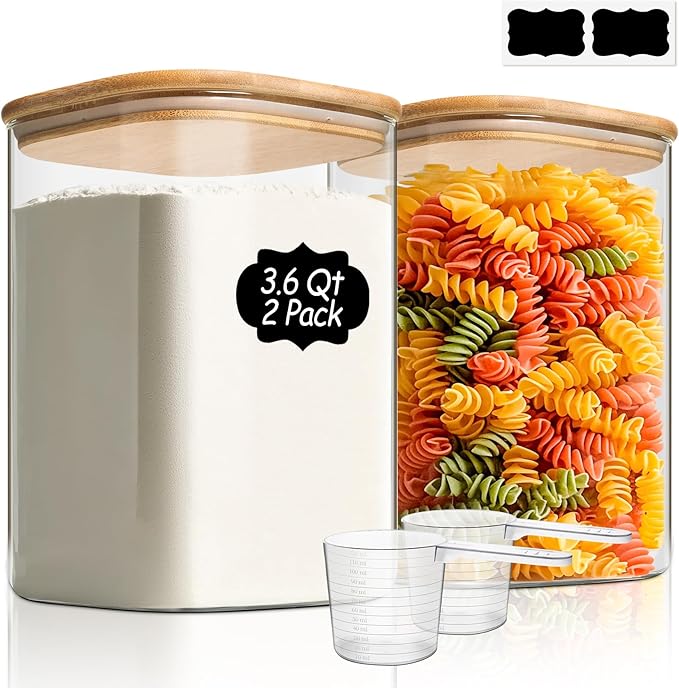 ComSaf 3.6 Qt Glass Food Storage Containers Set of 2, Large Storage Containers with Lids, Square Glass Jars with Lids, for Flour and Sugar, Cereal, Rice, Pasta, Oats, Coffee Beans