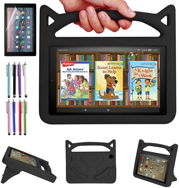 Case for Amazon Fire HD 10 Inch Tablet (11th Generation 2021 Released) - Lightweight Shockproof Kickstand Handle Kids Cover Case + 1 Screen Protector and 1 Stylus (Black)