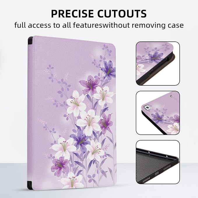 Case for iPad 5th Generation 9.7-Inch (2017) and Case iPad (2018 6th)/iPad Air 2/iPad Air for Girls Women Multi-Angle Viewing Stand Smart Back Protective Cover Auto Wake/Sleep Purple Flower