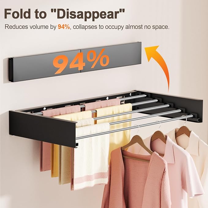 Wall Mounted Clothes Drying Rack Folding Indoor, Foldable Laundry Drying Rack Collapsible,Invisible, Space Saving, Retractable Towel Drying Rack, with Wall Template(6 Drying Rods, Black 40")