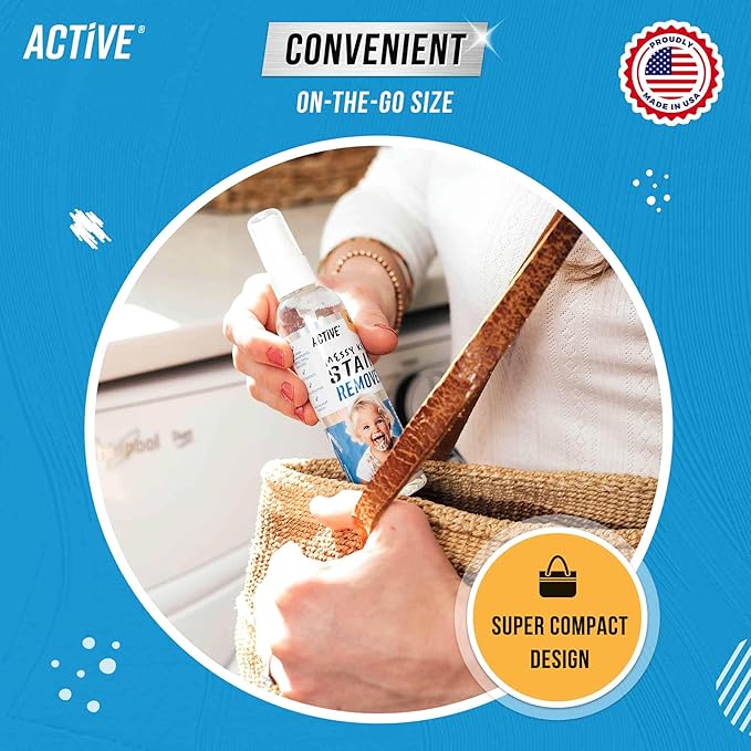 Messy Kids Stain Remover Spray - ACTIVE Laundry Spot Cleaner, Natural Stain Treater Spray for Baby Clothes Fabric, Toddler Clothing, Rescue Mess Removal for Food, Oil Stains, Great for Travel - 4 oz