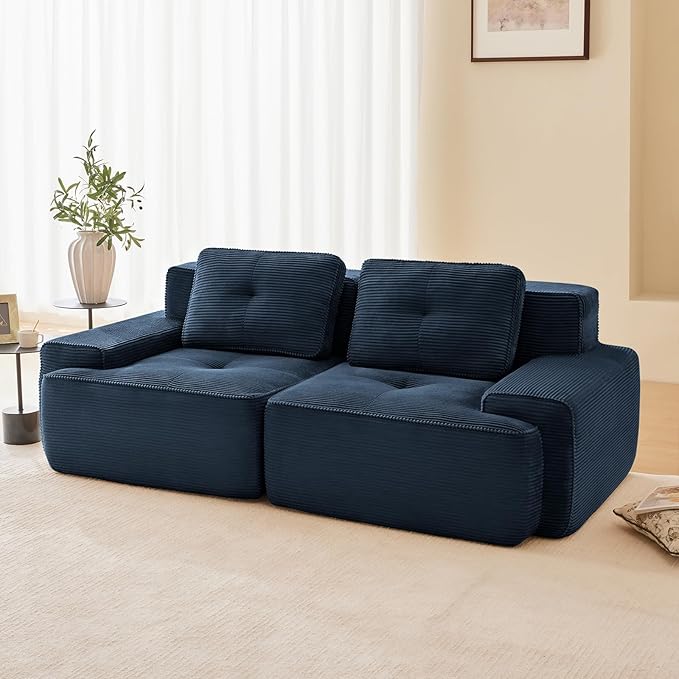 80" Modern Compressed Boneless Love Seat Couches, 2 Seater Large Sectional Couches for Living Room, Blue Corduroy Cloud Modular Sectional Sofa, Memory Foam, Extra Deep Loveseat, No Assembly