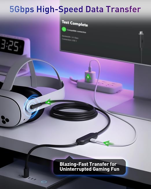 Maxonar VR Charging Link Cable 16FT – Charge While Playing PC VR USB 3.0 Stable Data Built to Replace Meta Link Cable for Quest 3S / Quest 3 / Quest 2 / Pico 4 Black