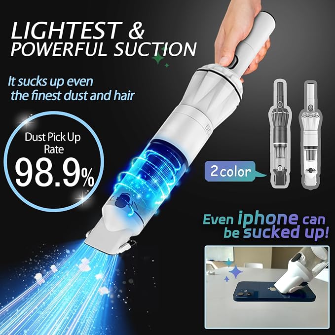 Handheld Vacuum Cordless 25000PA, Super Lightweight 1lb with Powerful Suction, Charging Dock, Car Charger, Single Touch Empty and Detachable Dust Cup, Portable Mini Car Vac, White