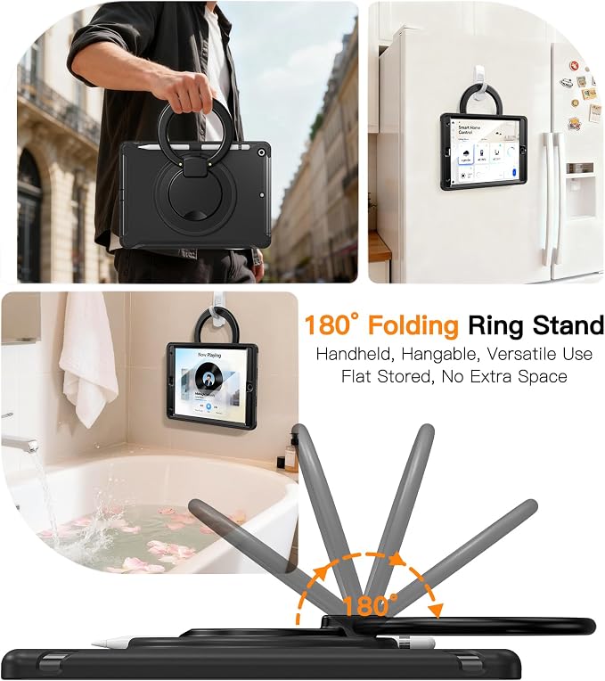 BATYUE Shockproof Case for iPad 9th 8th 7th Gen 10.2 Inch Black | 3in1 PC+TPU Heavy Duty 360° Rotatable Ring Stand for Grip Carry Hang &amp Multi-Angle View Screen Protector Pencil Holder