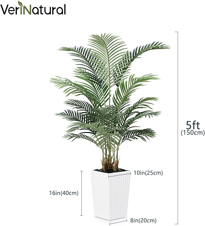 5FT Artificial Palm Tree - Tall Fake Tree with White Taper Planter & Pebbles, UV Resistant for Indoor & Outdoor Decor - Large Potted Faux Plant for Living Room, Office, Home Decor,VN130