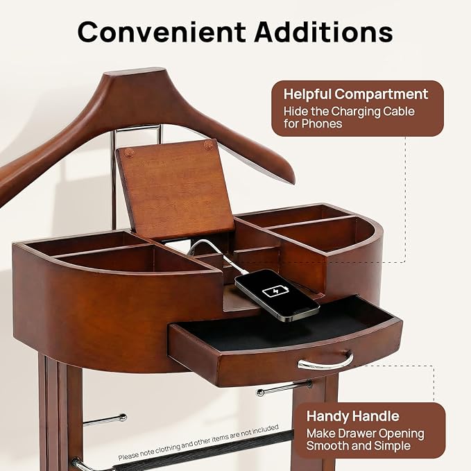 Wood Suit Rack, Vintage Birch Freestanding Clothing Valet Stand, Practical Valet Stand with Drawer and Trouser Holder, Wooden Contoured Coat Rack for Suits, Pants, Ties (Brown)