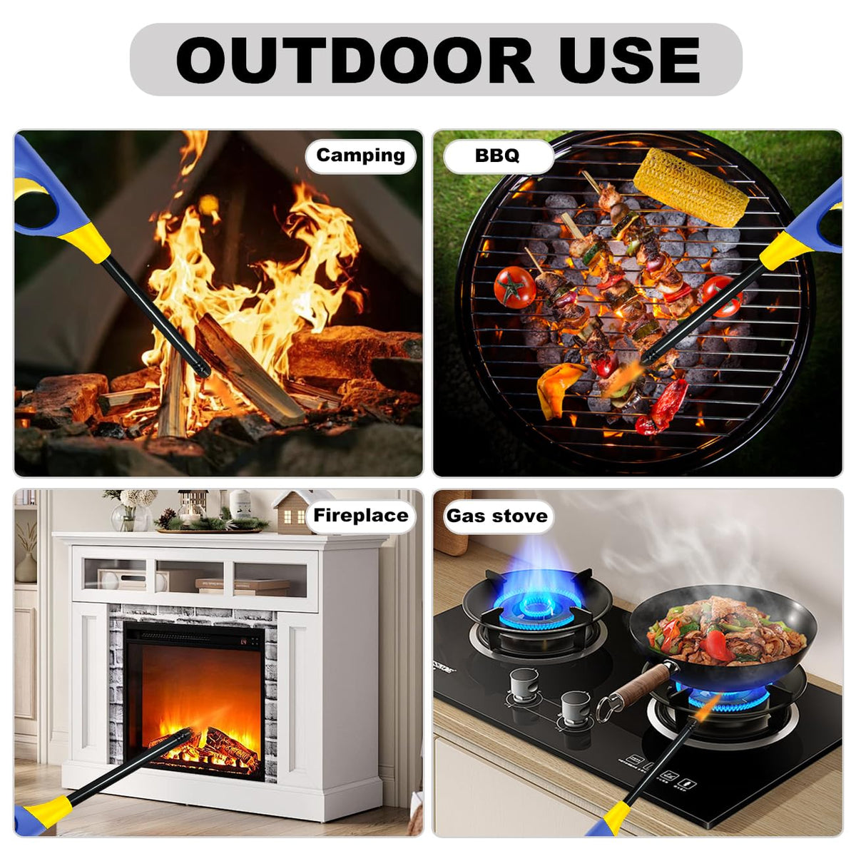 Refillable Butane Lighters, 4 Pack Long Lighters for Candle, Multiple-Purpose Lighter Pack for Camping Fireplace Party BBQ Grill Candle Lighter（Fuel Included）