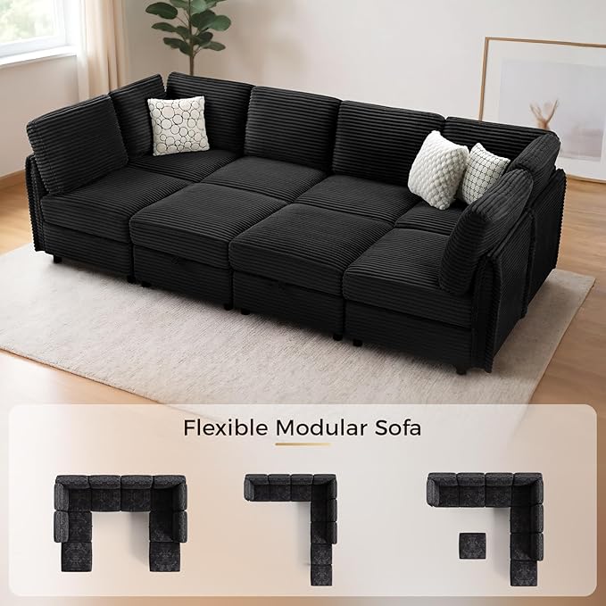 KKL Modular Sectional Sofa Bed with Storage Ottoman, Convertible L/U/J-Shaped Sleeper Couch Plush Wide-Wale Corduroy for Living Room, Apartment, Modern Design, Black