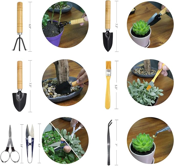 Bonsai Set 8 PCS-Mini Gardening Tools Kit for Indoor Outdoor Bonzai Include Pruner, Fold Scissors, Mini Rake, Tweezers, Cleaning Brush