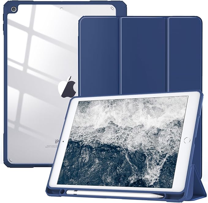 TiMOVO Case for iPad 9th/8th/7th Generation 10.2 inch Black | Pencil Holder Slim Trifold Stand Protective Cover Clear Transparent Back Shell Auto Wake/Sleep