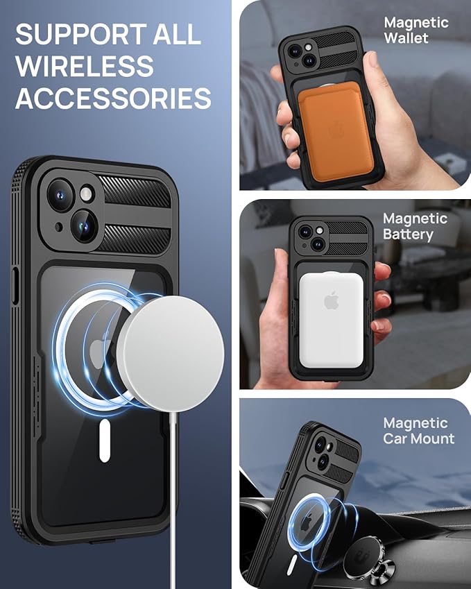 Lanhiem Magnetic for iPhone 15 Case, IP68 Waterproof Dustproof Case, [Compatible with Magsafe] [Built-in Screen Protector] Full Body Heavy Duty Rugged Phone Cover 6.1 inch, Black/Clear