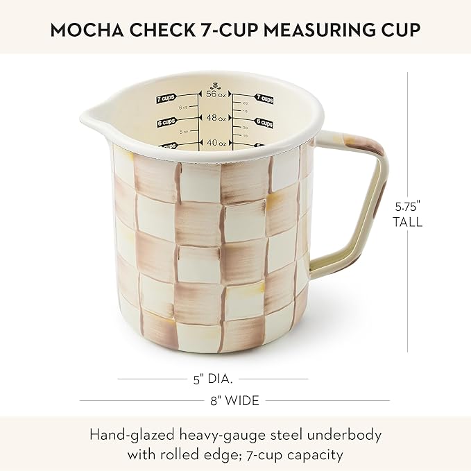 MACKENZIE-CHILDS Enamel Measuring Cup, Brown-and-White Mocha Check