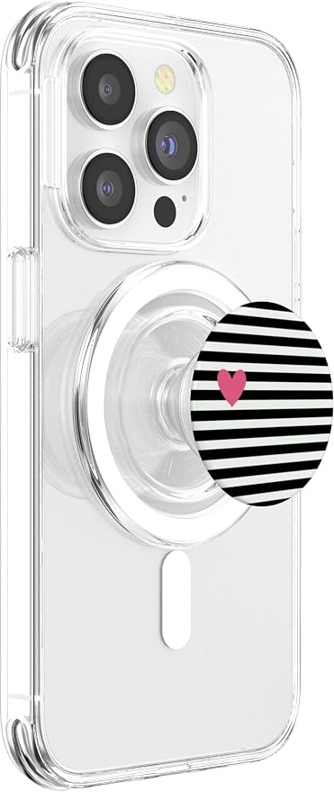 Black and White Stripes Cute Pink Heart PopSockets Adhesive PopGrip
