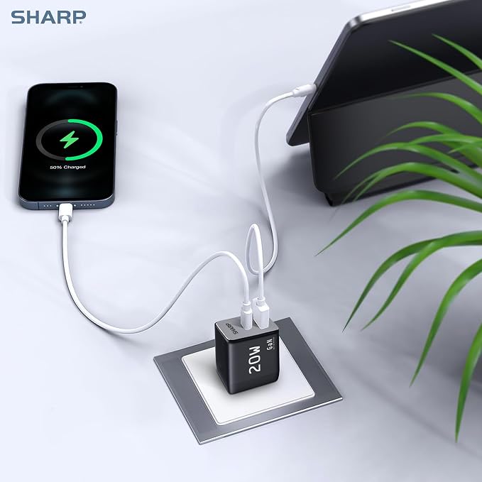 Sharp USB C Charger - 20W Dual Port (USB A+C) Compact Foldable GaN Fast Charge for iPhone 15/15 Pro/15 Pro Max/14/13/12 Pad Pro/AirPods and More Black GW-20PDA201U-BLK