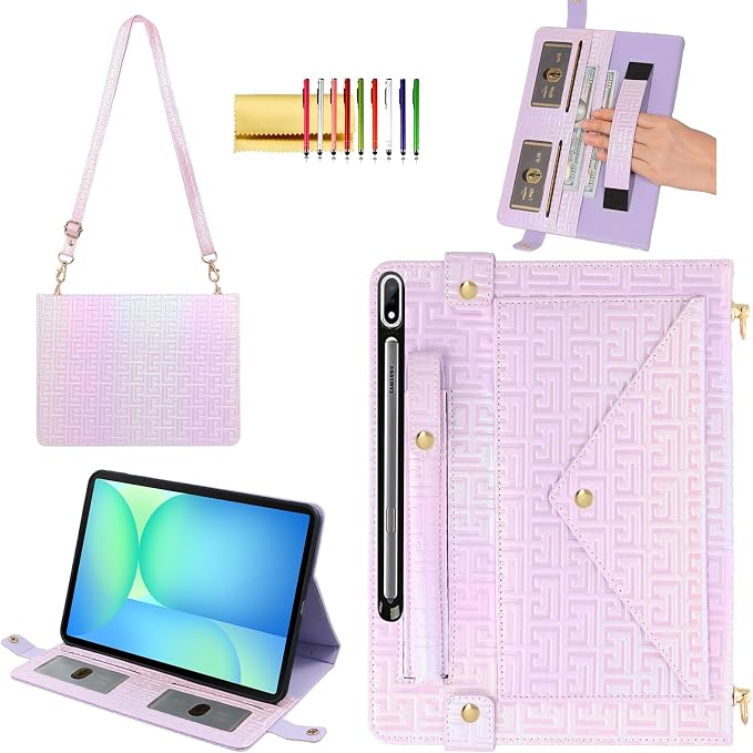 Handbag Case for Samsung Galaxy Tab S10 FE/S9 FE 10.9/S9/S8/S7 11 Techcircle Folio Stand Crossbody Wallet Protective Cover with S Pen Holder &amp Card Slots Hand Strap &amp Shoulder Strap Black