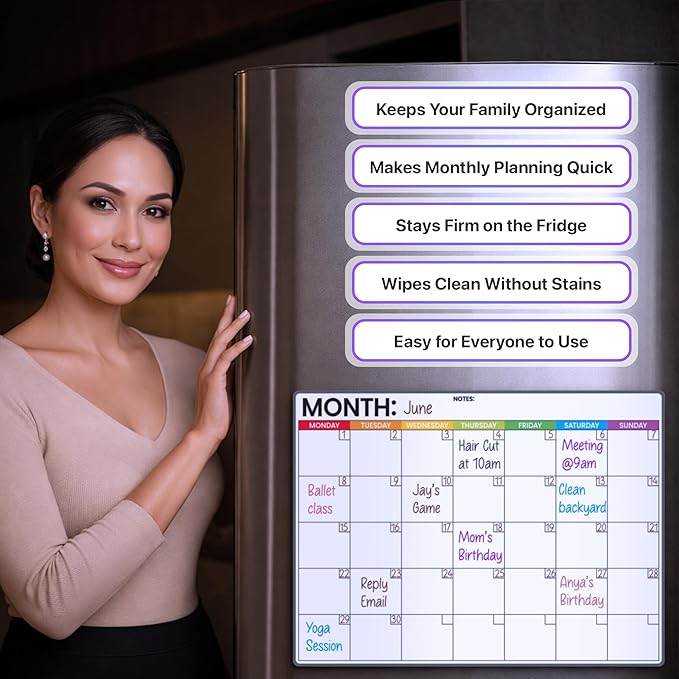 Refrigerator Calendar Magnetic Dry Erase - 17" x 12" Magnet Calendar for Fridge, Monday Start | Family Schedule Board, to-Do List & Work | Include 5 Markers & Eraser by Freedom Mastery