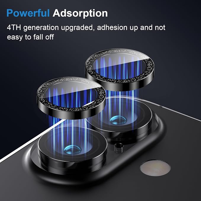 Korecase for iPhone 17/iPhone 16/iPhone 16 Plus Camera Lens Protector Bling 9H Tempered Glass Anti Scratch Camera Screen Protector Shockproof Film Metal Ring Lens Protector Glitter-Black