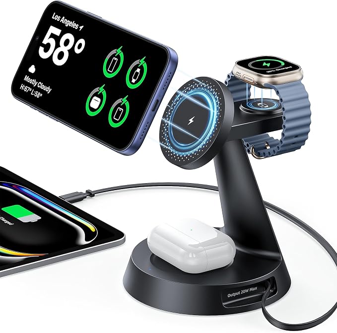 Meifigno 4 in 1 Magnetic Wireless Charger with 20W Fast Retractable Cable | Compatible with MagSafe Charging Station for Multiple Apple Devices with PD45W Adapter for iPhone 17/ 16/ iWatch/ Earbuds