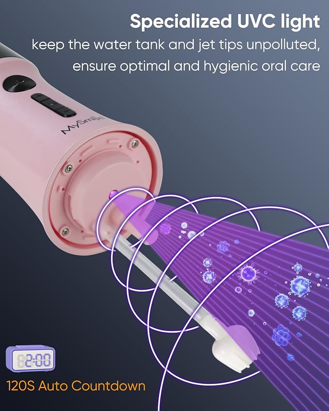 MySmile LP221 Cordless Water Flossers for Teeth with UVC Light Sanitizer and OLED Display, 335ML 4 Modes Water Teeth Cleaner Picks for Teeth Cleaning and Water Flossing (Juicy Pink)