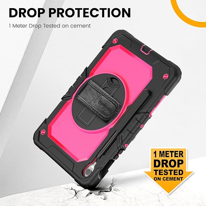 Timecity Case for Samsung Galaxy Tab S10 FE/ S9 FE 5G 10.9 Inch/ S9 11 Inch - Heavy Duty Protective Cover with Screen Protector, Rotating Stand, Shoulder Strap & S Pen Holder | Kids-Friendly, Rose