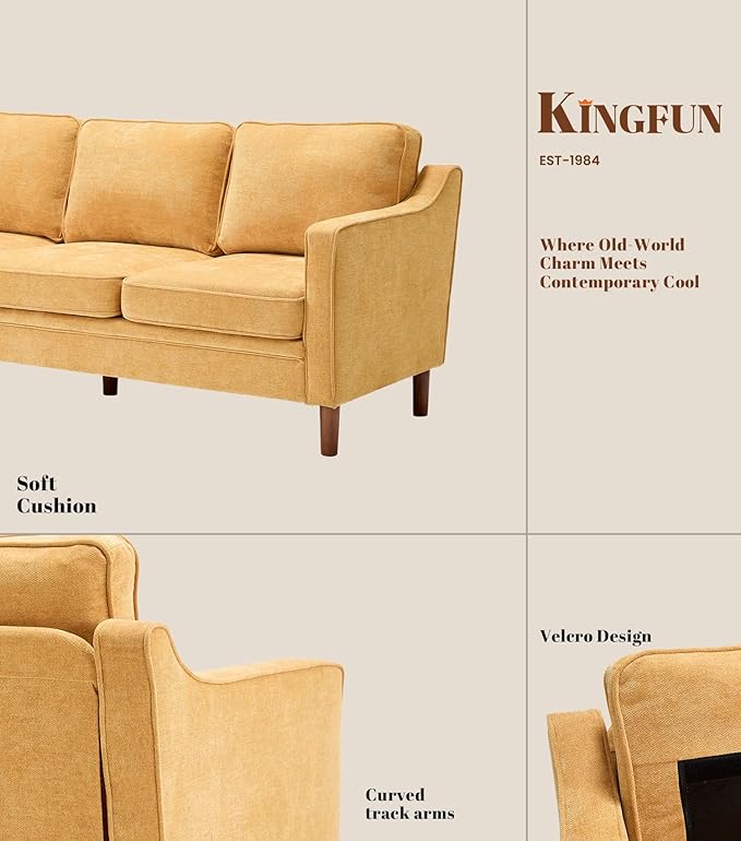 Kingfun 80" Chenille Sofa, 3 Seater Couch, Mid Century Modern Couches with Solid Wood Frame for Living Room & Bedroom, Yellow