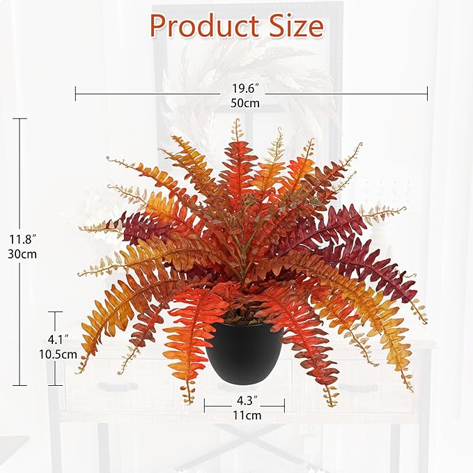 Hollyone Fake Boston Fern in Pot Fall Faux Fern Medium Potted Plant Medium Autumn Decor Plants Outdoor Indoor Autumn Boston Ferns Artificial Plants for Patio Garden Farmhouse Fall Decorations for Home