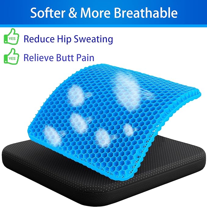 Large Gel Seat Cushion for Long Sitting (Large & Thick), Soft & Breathable, Gel Cushion for Wheelchair Reduce Sweat, Chair Cushion for Office Chair (Black Cover)