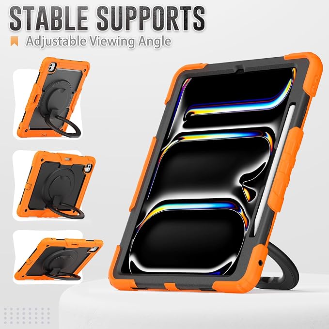 for iPad Pro 11 inch Protective Case M5 2025/M4 2024: Heavy Duty Shockproof Case with Pencil Holder - 360°Rotating Handle/Stand - Screen Protector - Shoulder Strap Black/Sky Blue