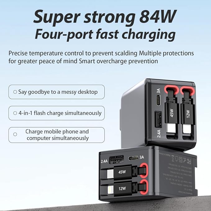 4-in-1 Retractable wall Charger with PD Fast Charging Featuring Dual USB Ports Lightning and Type-C Data Cables a Foldable Four-Port Plug and a GaN Adapter.