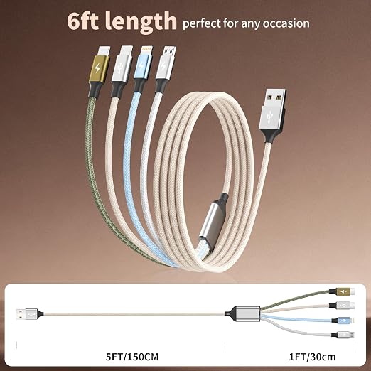 4 in 1 Multi Charging Cable 2 Pack 6FT Charging Cords for Devices | Nylon Braided USB C Car Charger Cable with Dual USB-C IP &amp Micro Ports Long Travel Charging Cord for Cars