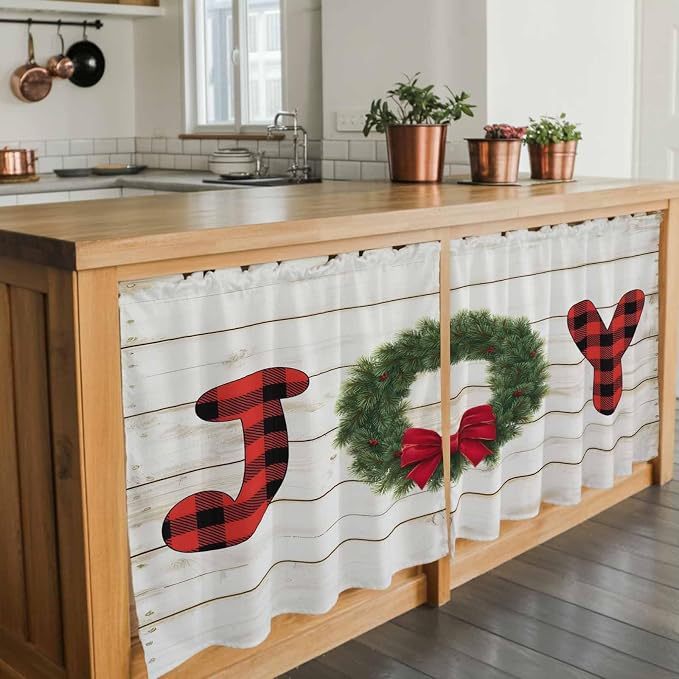 Christmas Wreaths Kitchen Tier Curtains 24 Inch Long 2 Panel Set, Rod Pocket