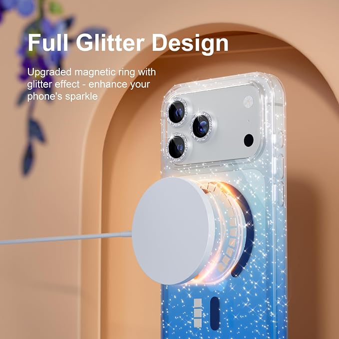 Choiche for iPhone 15 Pro Max Case Compatible with MagSafe Glitter Black | Women Girly Cute Glitter Sparkly Magnetic Phone Case with Diamond Camera Lens Protectors Military-Grade Drop Protection 6.7