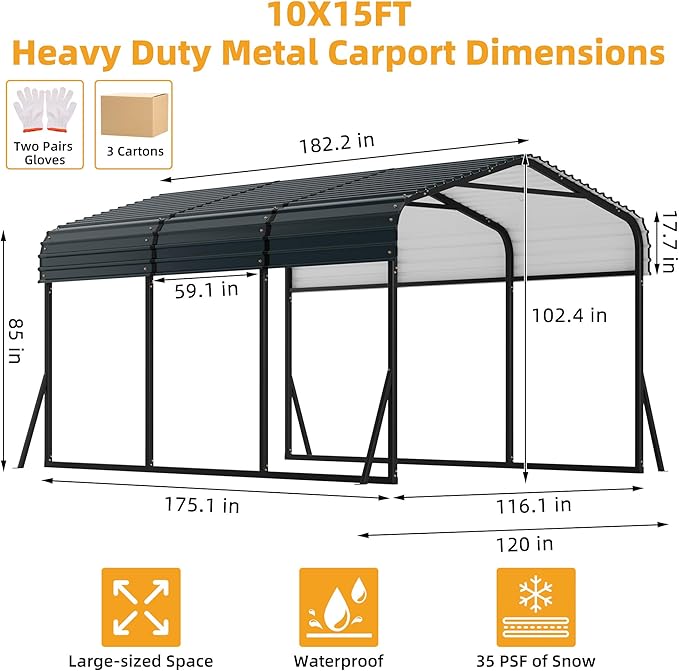 10' x 15' Heavy Duty Metal Carport with Galvanized Steel Roof, Metal Roof Carport with Enhanced Base, Tall Metal Carport Kits Garage for Tractors, Pickup, Boat, Car