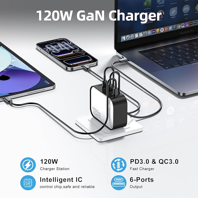 120W GaN USB C Charger 6-Port Fast Charging Block with Night Light PD 100W Wall Charger for MacBook Pro/Air iPhone 17/16/15 Series iPad Laptop - Ultra-Compact Travel Charger for Home and Office