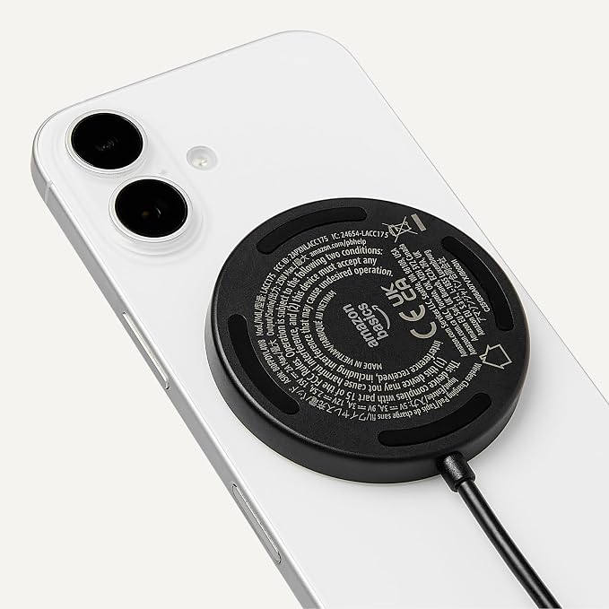 Amazon Basics 25W Qi2.2 Certified Wireless Charging Pad MagSafe Compatible for iPhone 17/16/15/14/13/12 Magnetic Compatible for Android Google Smartphones Black (Adapter Not Included)
