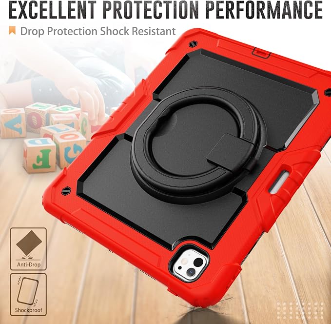 for iPad Pro 11 inch Protective Case M5 2025/M4 2024: Heavy Duty Shockproof Case with Pencil Holder - 360°Rotating Handle/Stand - Screen Protector - Shoulder Strap Black/Sky Blue
