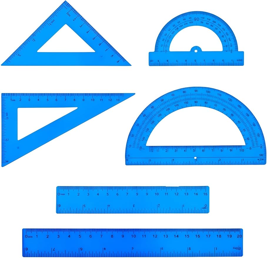 6 Pcs Plastic Ruler Math Set, Transparent Straight Protractor Triangle Measuring Tools, Geometry Ruler for School Office Home/Students(Blue)