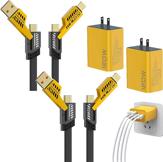120W Dual USB &amp Dual Type-C Fast Charger C Chargers Fast Charging 4 Foot 4 in 1 Fast Charging Cable &amp Data Sync Dual Ports Adapter for Gaming Office Travel (1set)