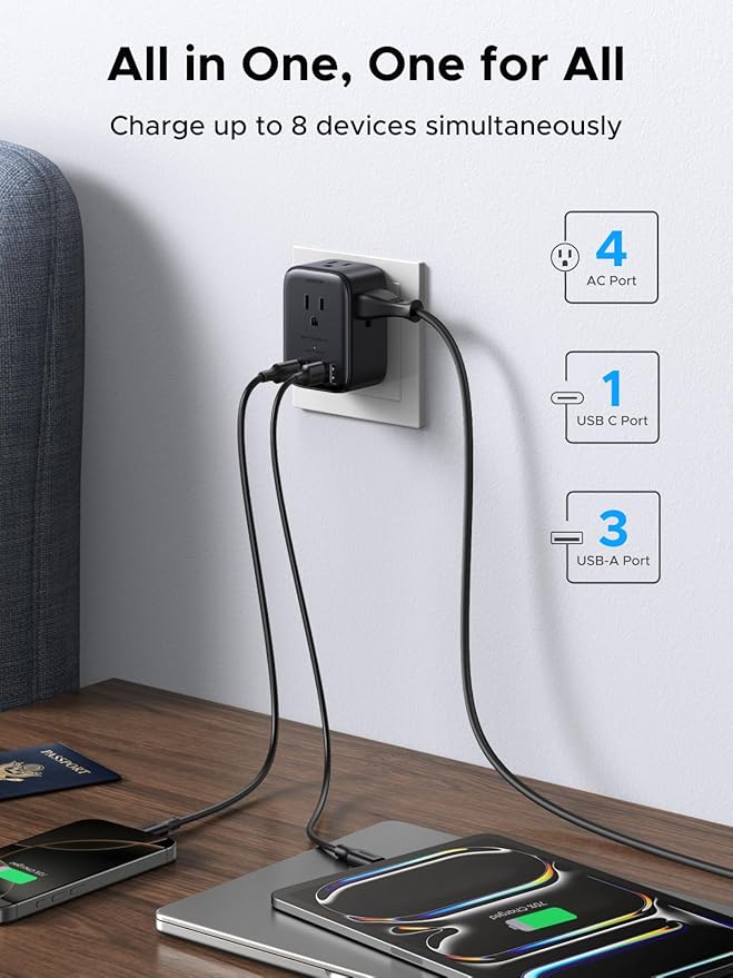 UGREEN 45 W GaN USB‑C Charger + 8‑in‑1 Power Strip Bundle — Dual‑Port Fast Wall Charger &amp 4 AC + 4 USB Multi‑Outlet Surge‑Protected Hub for Phone Tablet &amp Home Office