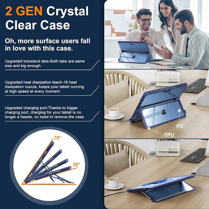 INFILAND Surface Pro 11/10/9 Case Crystal Clear Multi-Angle Shockproof for Microsoft Surface Pro 11th Edition AI 2024 Work with Surface Pro Signature Keyboard &amp Slim Pen 2 Mysterious Black