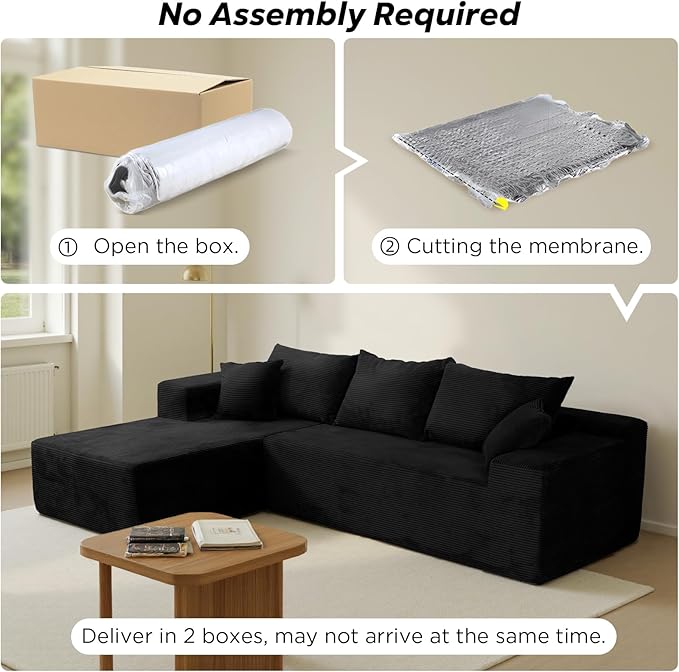 Black Sectional Couches for Living Room, Boneless Couch with L-Shape Chaise, Modular Sofa in Box with Deep Seat, No Assembly Required