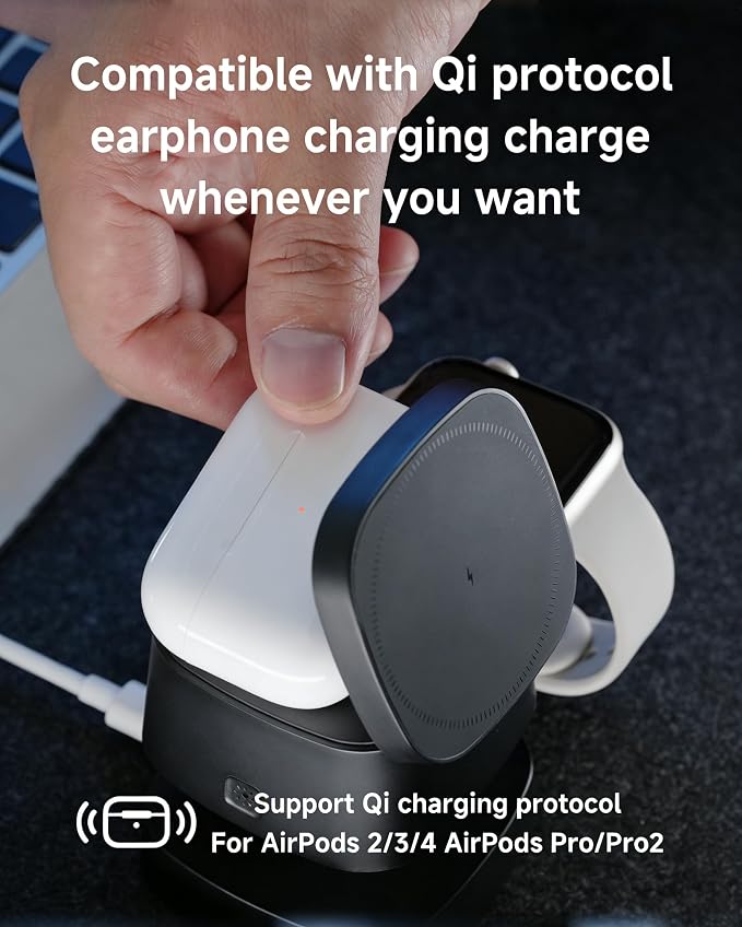 4-in-1 Wireless Charging Station 15W Fast Charging with Adjustable Night Light Multi Device Charging Station Compatible with iPhone 15/14/13/12 Series Apple Watch AirPods – Black