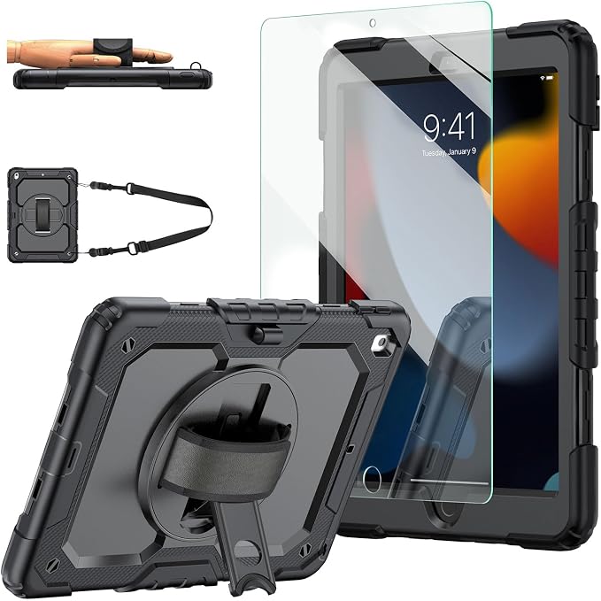 Ambison Case for iPad (A16) 11th/10th Generation 11''/10.9'' Black | Hand Strap 9H Tempered Glass Screen Protector Rotating Stand Shoulder Strap Heavy Duty Shockproof Pencil Holder
