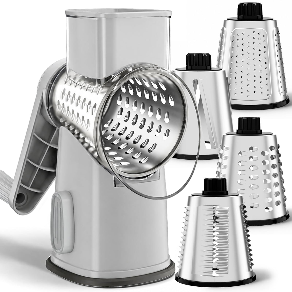 Weltonhm 4 in 1 Large Cheese Grater Hand Crank Rotary (White 4 Graters)