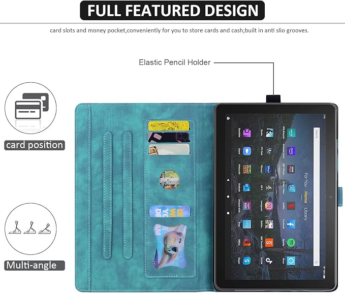Dteck Case for Samsung Galaxy Tab S9 FE+ Plus 5G Tablet Case 12.4 2023 with Pencil HolderPU Leather Embossed Flower Cat Folio Multi-Angle Viewing Stand Shockproof Protective Tablet 12.4 CoverBlue