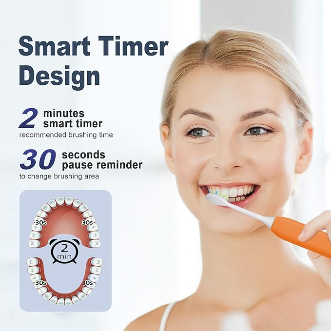 7AM2M Sonic Electric Toothbrush for Adults and Kids, with 8 Brush Heads and Travel Case,5 Modes with 2 Minutes Built in Smart Timer, One Charge Use for 90 Days, Rechargeable Toothbrushes (Orange)