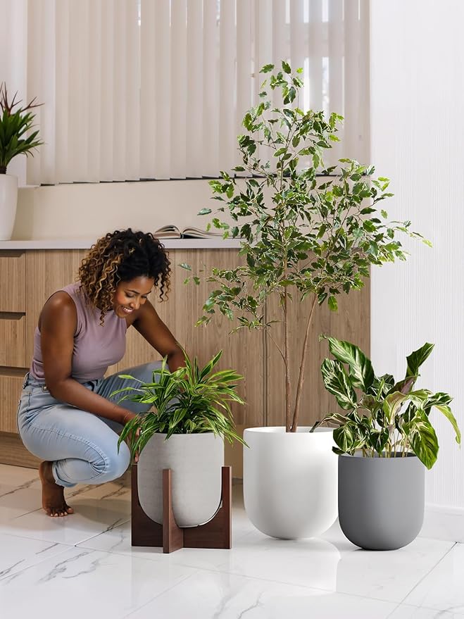 LE TAUCI 10 Inch Plant Pot with Acacia Wood Stand, Ceramic Planters for Indoor Plants, Unique Plant Pots Indoor for Home Decor, Mid-Century Modern Pots for Plants with Drainage Hole and Plug, White
