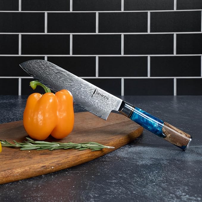 SENKEN 15-Piece Damascus Knife Block Set - "Tsunami" Collection Japanese Chef Knife Set - 67-Layer Japanese VG10 Steel Blades, Includes Chef Knife, Cleaver, 6 Steak Knives (Blue)